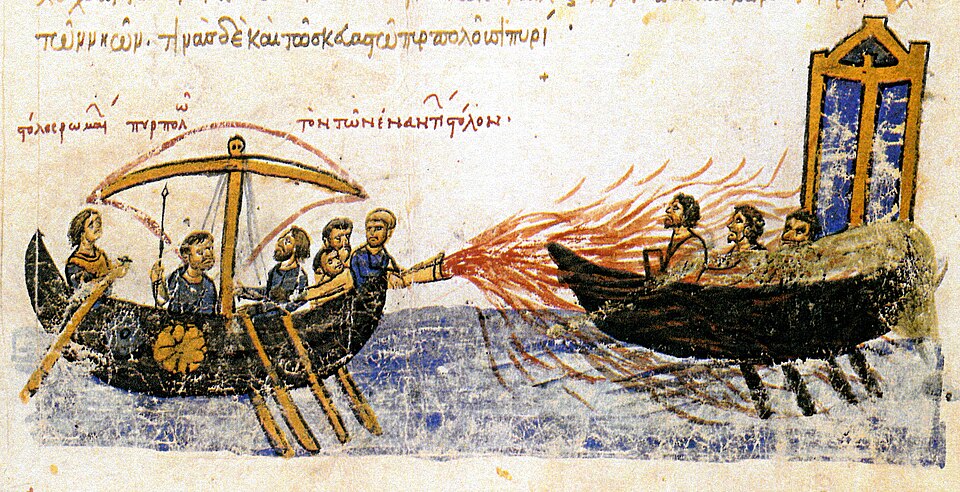 Marinai bizantini usano il fuoco greco contro il ribelle Tommaso lo Slavo