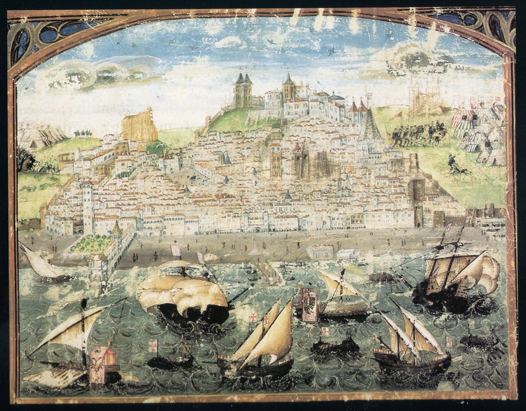 La vista panoramica di Lisbona più antica conosciuta, risalente al 1500-1510. Si tratta di una miniatura della Cronaca di Dom Afonso Henriques.